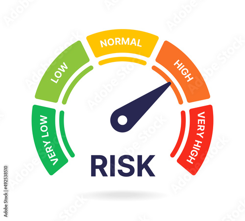 Risk gauge icon. Risk speedometer symbol isolated on white background.