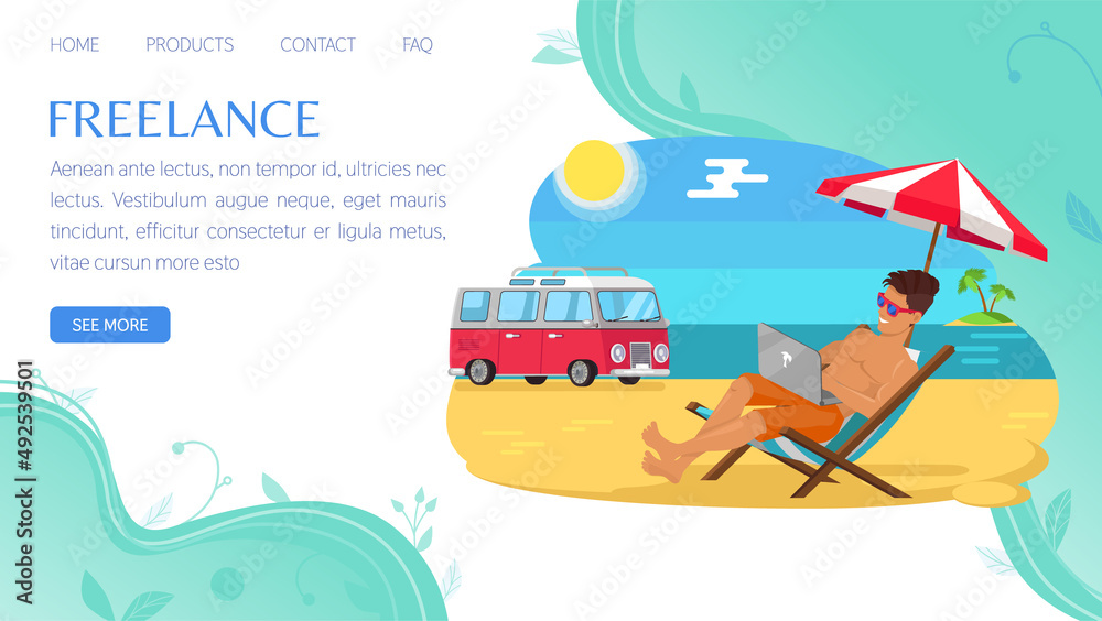 Template of website for freelance or remote work on computer. Convenient schedule of work during holiday or weekends. Guy with laptop working remotely while sunbathing on sun lounger at summer resort Template of website for freelance or remote work on computer. Convenient schedule of work during holiday or weekends. Guy with laptop working remotely while sunbathing on sun lounger at summer resort