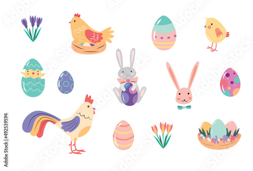 Easter set with hens, rooster, chicken, eggs and rabbits . Vector illustration of colorful Easter elements.