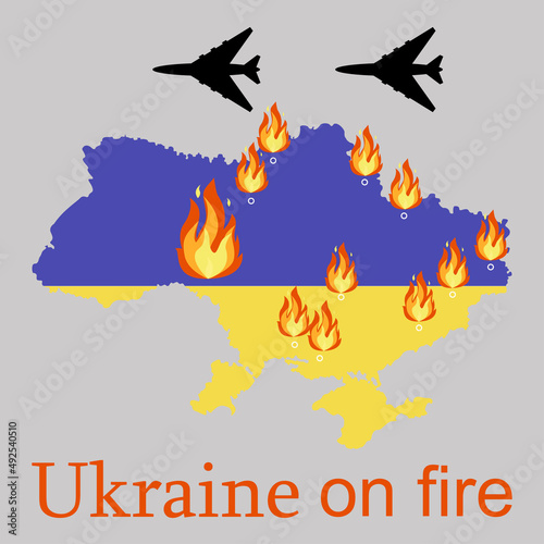 Ukraine flag map on fire military aircraft fighter vector illustration design isolated