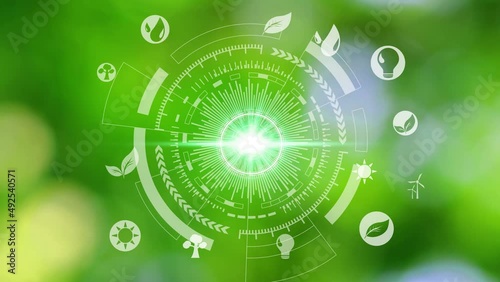 environment icons over the Network connection on nature background, Technology ecology concept. Hand holding and protection with environment icons over the Network connection on nature background