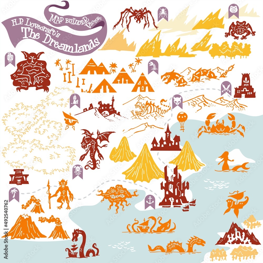 H.P. Lovecraft The Dreamlands fantasy map builder simple vector icon elements H.P. Lovecraft The Dreamlands fantasy map builder simple vector icon elements