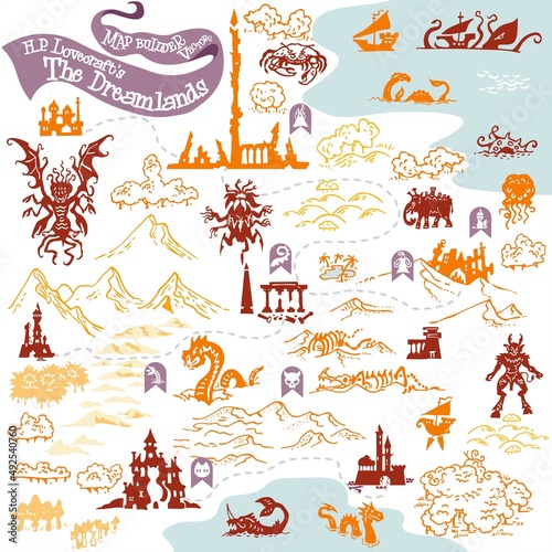 H.P. Lovecraft The Dreamlands fantasy map builder simple vector icon elements