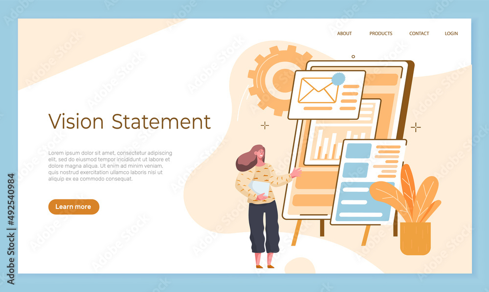 Obraz premium Vision statement landing page template, business and company mission, business planning concept with woman manager stading near presentation board with main plan. Project management, business analysis