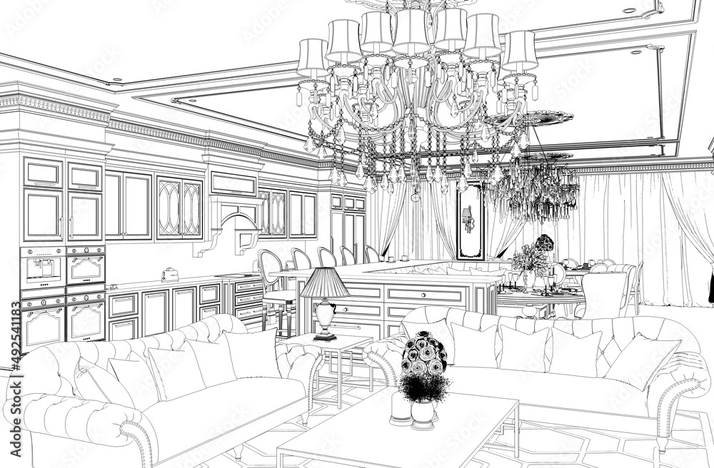 Obraz premium interior contour visualization, 3D illustration, sketch, outline