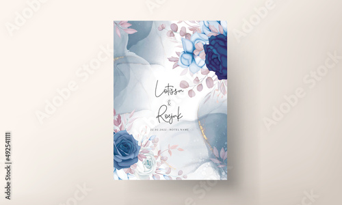 elegant wedding invitation card with beautiful blue navy flower template
