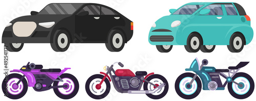 Set of modes of transport and machine shapes. Transport isolated on white background. Crossover, hatchback, cabriolet vehicle, motorbike, motorcycle. Cars of different types without drivers