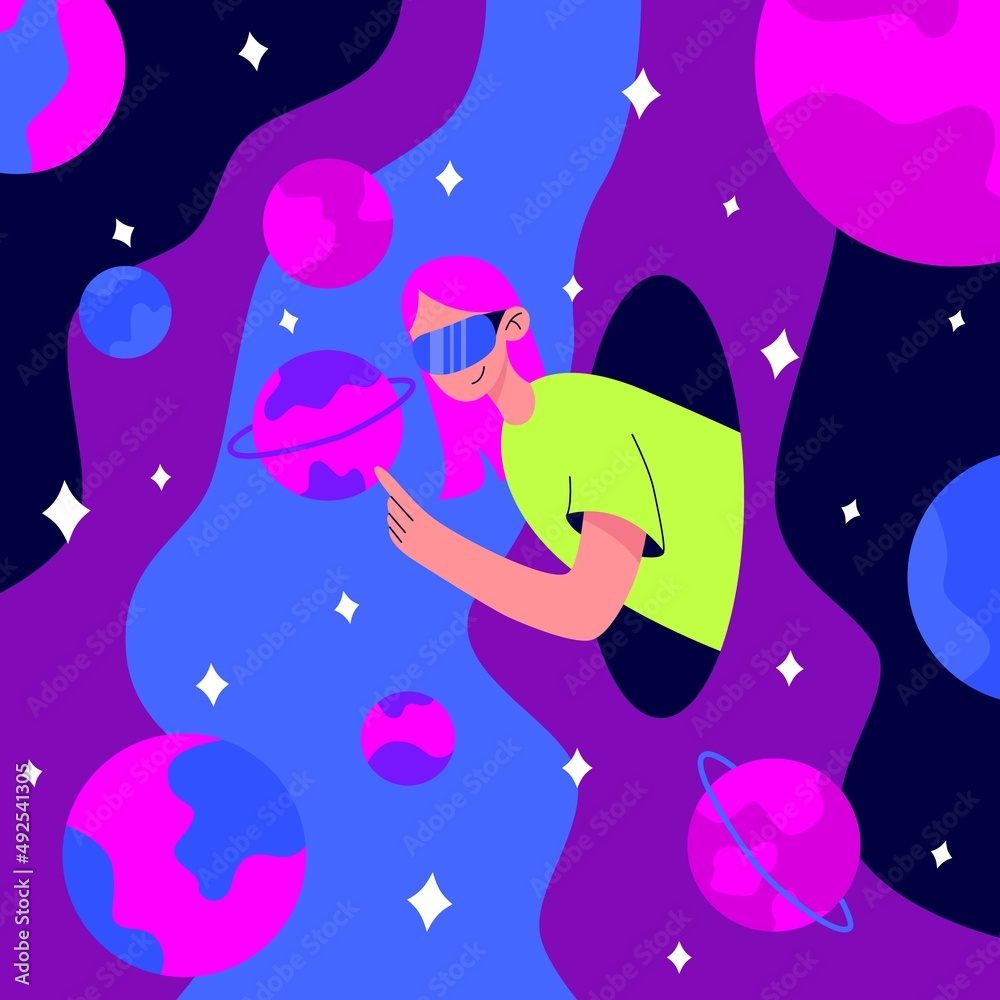 Metaverse or Virtual reality concept. Woman in digital glasses flying in outer space among planets and stars. Modern technological entertainment. Metaverse or Virtual reality concept. Woman in digital glasses flying in outer space among planets and stars. Modern technological entertainment.