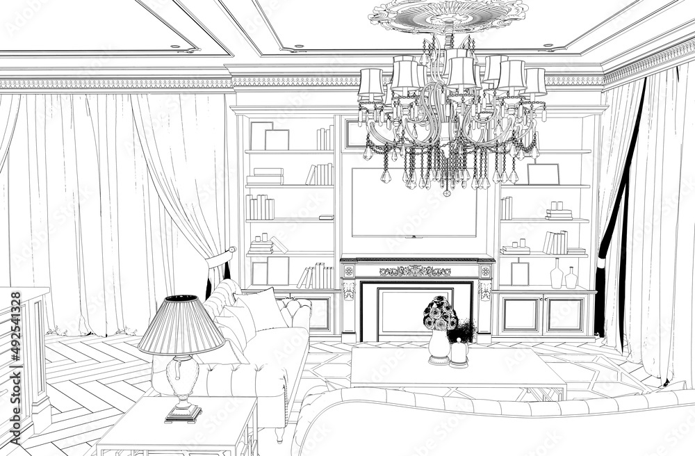 Fototapeta premium interior contour visualization, 3D illustration, sketch, outline 