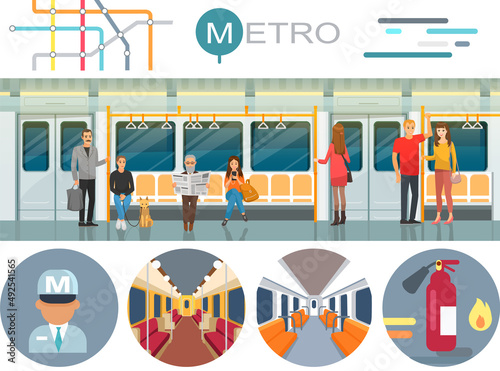 Metro station and passenger train vector illustration. Set with seats, train driver, extinguisher for website infographics. People inside high speed public transport. Passengers travel in subway car