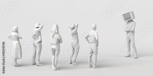 Group of people looking at man with television instead of head. Control and manipulation of mass media. Television audience. 3D illustration. Copy space.
