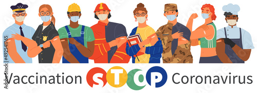 Stop coronavirus agitation concept. Vaccination promo, immunization of workers. Vaccine saves lives. People wearing protective mask showing their arm with bandage after receiving covid-19 vaccine