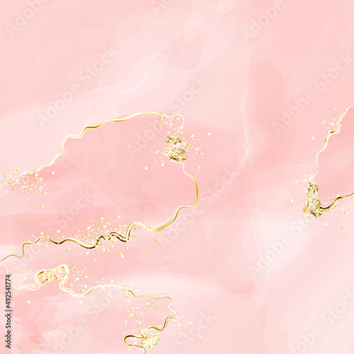 Blush fluid painting . Spring wedding invitation dusty rose or veil . Abstract pink or apricot watercolor background with golden texture.Alcohol ink.