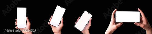 Foto Person holding phone in one hand on dark background