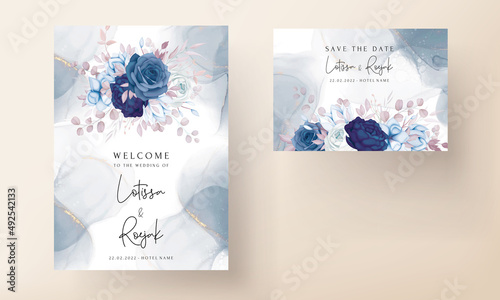 elegant wedding invitation card with beautiful blue navy flower template