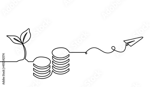 Abstract coins with paper plane as continuous lines drawing on white background. Vector