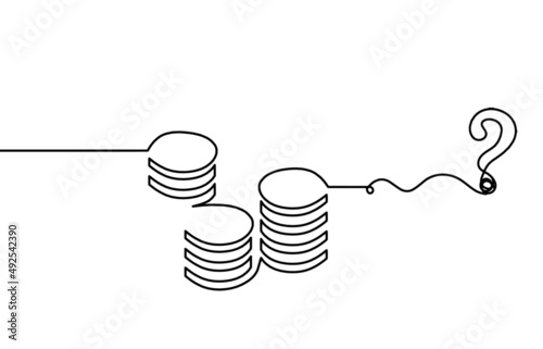 Abstract coins with question mark as continuous lines drawing on white background