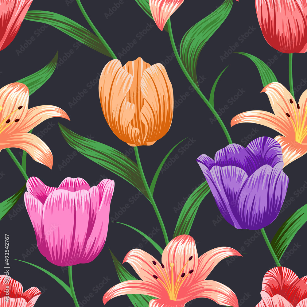 Floral seamless pattern with leaves. tropical background