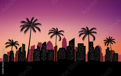 silhouette city skyline view  with palm trees background