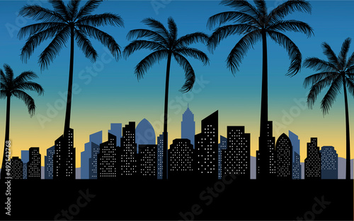 silhouette city skyline view  with palm trees background