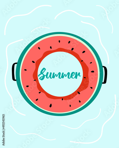  Vector summer card with pastel circle. Postcard with a pastel circle in the form of a watermelon on the water.
