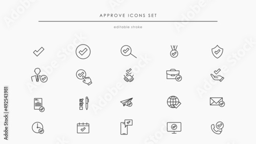 Quality approve related linear icon set vector illustration. Tick icon for guaranty and acceptance