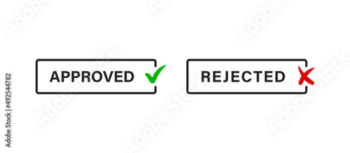 check box icon button, approved and rejected rubber stamp label banner in line frame. right and wrong check mark icons in outline frame, yes or no icons signs. green tick red cross stamps