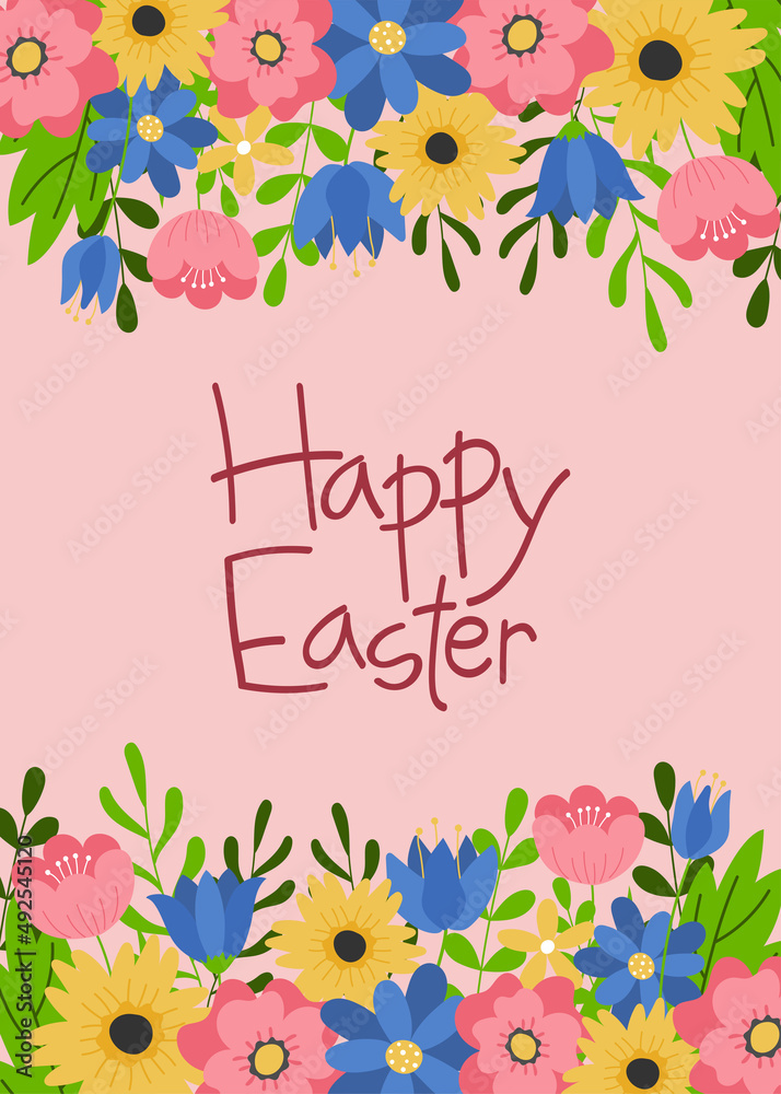 Easter greeting card template. Hand drawn text on pink background with colorful flowers. Template for poster, greeting card, invitation or postcard Easter greeting card template. Hand drawn text on pink background with colorful flowers. Template for poster, greeting card, invitation or postcard
