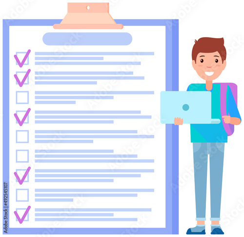 Student standing with laptop near clipboard with check marks, to do list. Successful time management, checklist planning. Schoolboy with task planner program on computer works with study schedule