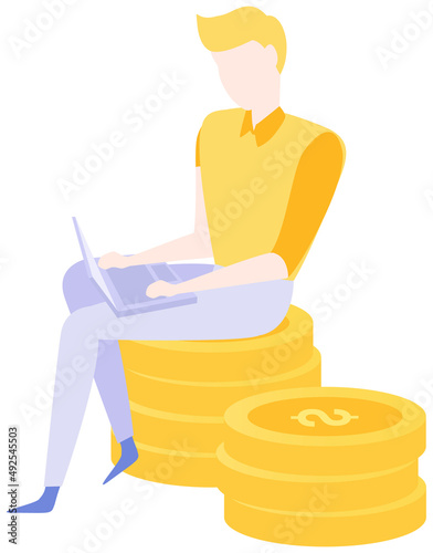 Businessman sitting on stack of gold coins with laptop and working with finances. Making money, profit, earnings in gold pennies concept. Male freelancer uses technology in banking vector illustration