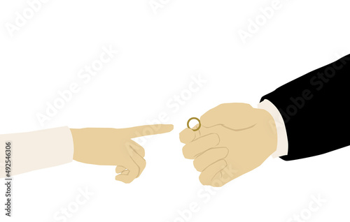 Jewish wedding - Kiddushin with a ring. The bride's index finger is extended towards the groom as part of the ritual of a traditional canopy.
Flat colorful vector drawing on a white background. 