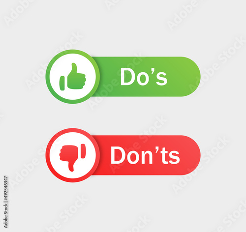 Dos and donts icons in line frame - thumbs up or thumb down label banner. Like or dislike - do's and don'ts frames - true or false - Dos and dont in outline frame	
