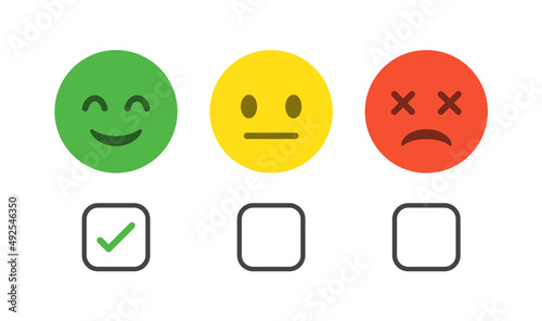 Feedback emoji rating with check box frame and checkmark icon happy neutral sad wrong emoticon. three facial expression emojis