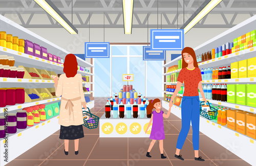 Supermarket, grocery store with food on shelves. Sale, discounts in food store. Shop in mall for selling groceries. People make purchases, choose goods, buy products in supermarket vector illustration