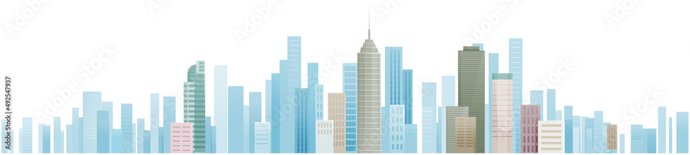 Cityscape with houses and buildings. Scene of town with modern architecture. City with houses, skyscrapers isolated on white background. Downtown, metropolis with residential buildings, apartments