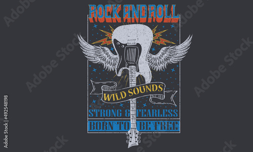 Rock and roll vintage t shirt design. Guitar with eagle wing vector artwork for poster, sticker, fashion and others.