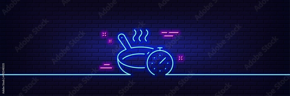 Neon light glow effect. Frying pan line icon. Cooking timer sign. Food preparation symbol. 3d line neon glow icon. Brick wall banner. Frying pan outline. Vector Neon light glow effect. Frying pan line icon. Cooking timer sign. Food preparation symbol. 3d line neon glow icon. Brick wall banner. Frying pan outline. Vector