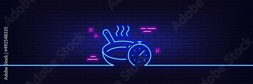 Neon light glow effect. Frying pan line icon. Cooking timer sign. Food preparation symbol. 3d line neon glow icon. Brick wall banner. Frying pan outline. Vector