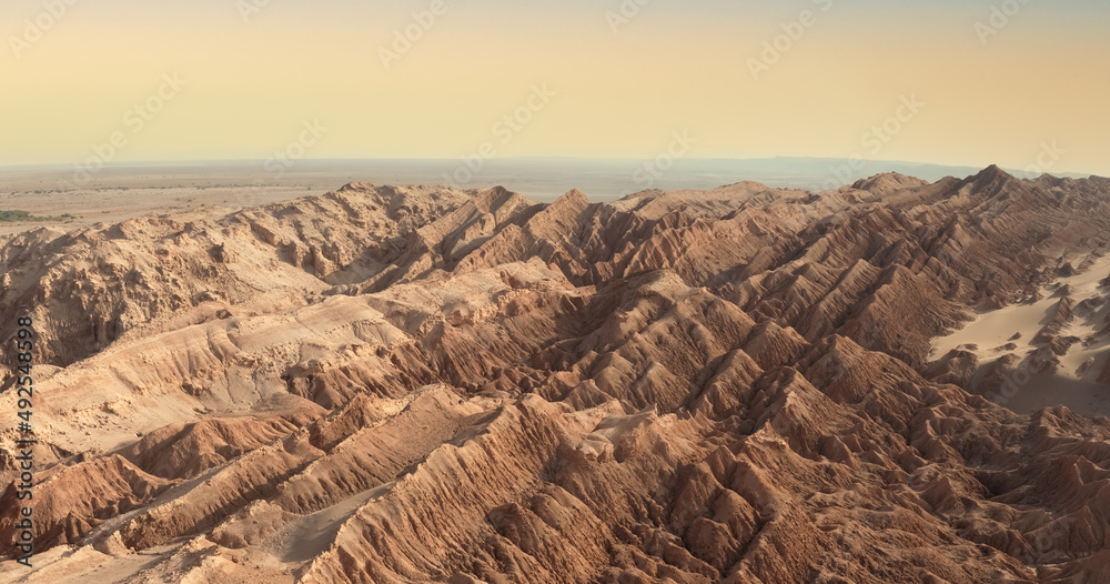 Dramatic sand, dunes and rock formations in the Valle de la Luna (Valley of the Moon), San Pedro de Atacama, Cordillera de la Sal, Atacama desert. Chile