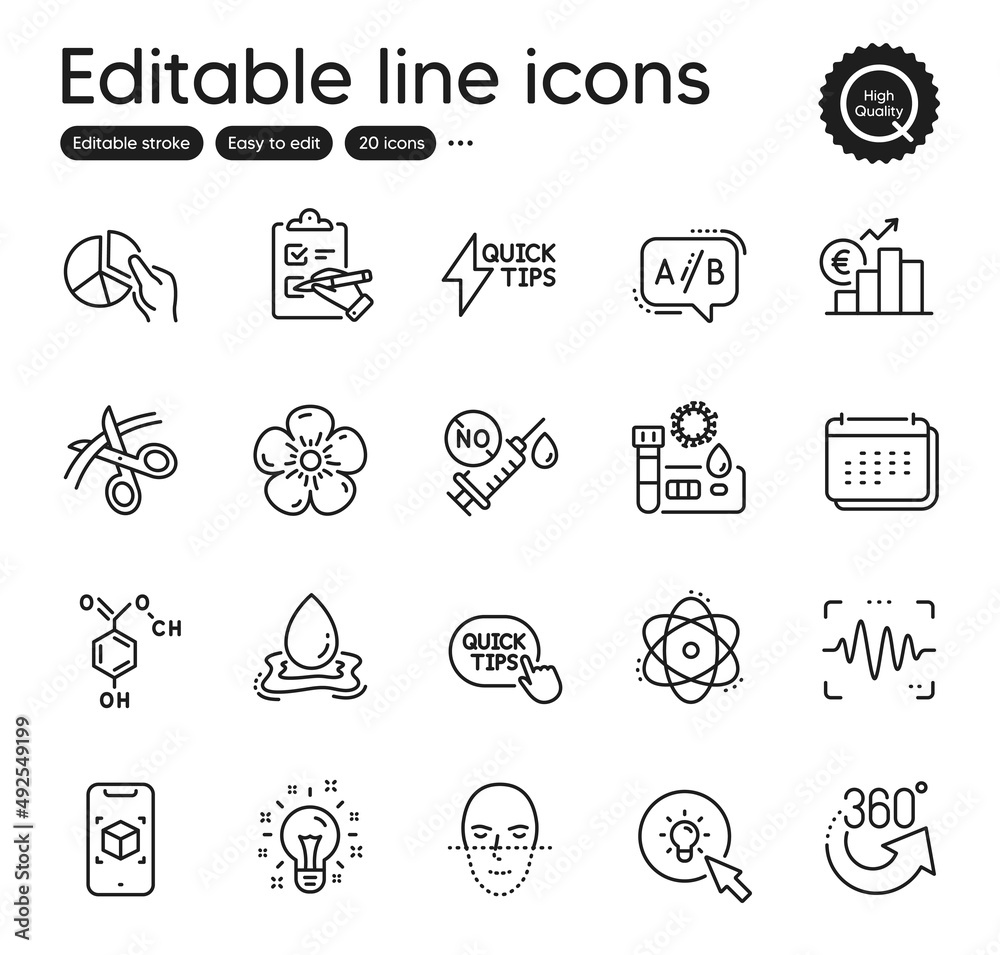 Set of Science outline icons. Contains icons as Natural linen, Idea and Pie chart elements. Quickstart guide, Chemical formula, Calendar web signs. Voice wave, Checklist. Vector