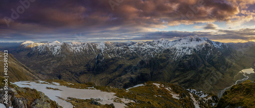 Panoramic view of Glencoe, Highlands, Scotland with the three sisters of Glencoe photo