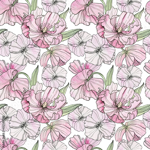 Peonies seamless pattern, flowers watercolor illustration. Perfect for your design, textiles and more.