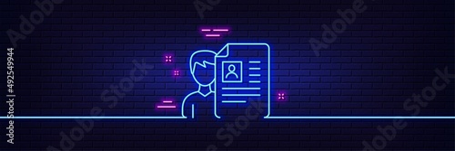 Neon light glow effect. Business recruitment line icon. CV documents or Portfolio sign. 3d line neon glow icon. Brick wall banner. Job interview outline. Vector