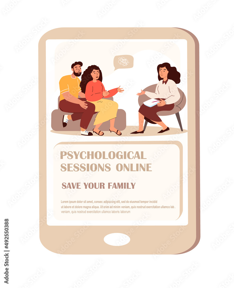 Save your Family Online.Psychological Session,Mobile App Page Onboard Screen.Young Anxited Woman,Man Couple tells about psychological problems to psychologist. Cartoon People Vector Illustration Save your Family Online.Psychological Session,Mobile App Page Onboard Screen.Young Anxited Woman,Man Couple tells about psychological problems to psychologist. Cartoon People Vector Illustration