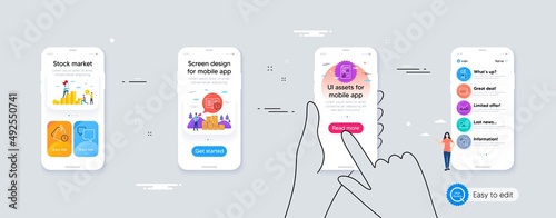 Infochart, Time management and Instruction manual minimal line icons. Phone ui interface. Speech bubble, Microscope, Video conference icons. Inspect, Accounting, Report document web elements. Vector