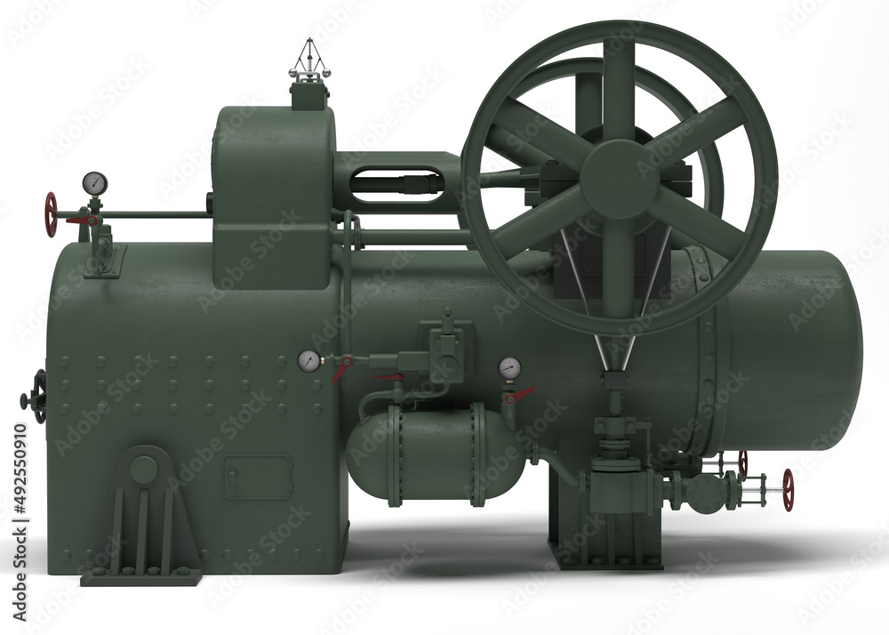 3d illustration of an old rational steam engine isolated on a white background. Steampunk style unit.