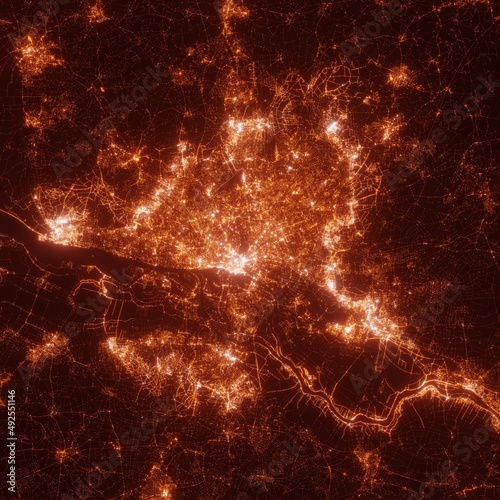 Hamburg city lights map, top view from space. Aerial view on night street lights. Global networking, cyberspace