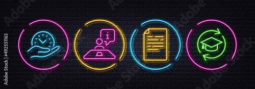 Safe time, Document and Interview minimal line icons. Neon laser 3d lights. Continuing education icons. For web, application, printing. Management, Page file, Job meeting. Online education. Vector