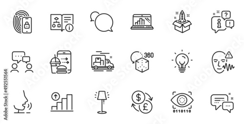 Outline set of Messenger  Augmented reality and Startup line icons for web application. Talk  information  delivery truck outline icon. Include Voice wave  Graph laptop  Graph chart icons. Vector