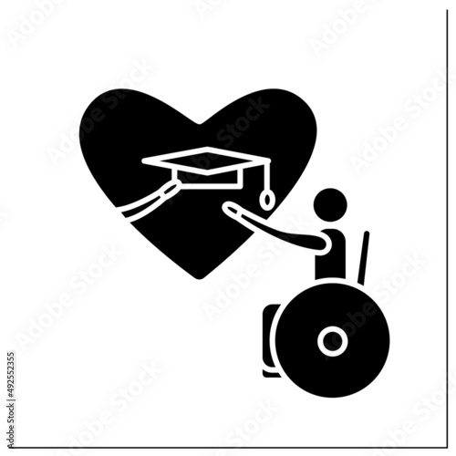 Inclusive education glyph icon. People with special needs education.Equality. Social adaptation of disabled people. Disabled employment.Filled flat sign. Isolated silhouette vector illustration